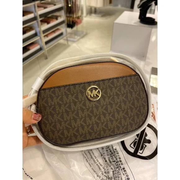 MICHAEL KORS JET SET GLAM Small Front Pocket Oval Crossbody Logo Canvas NWT $398